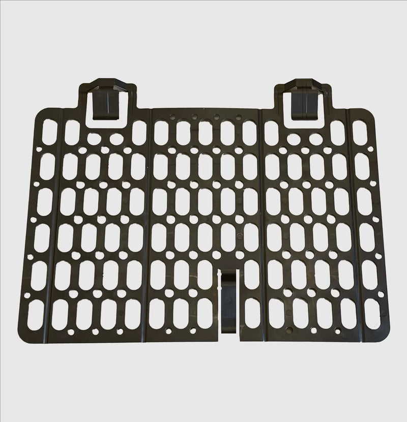 Cargar imagen en el visor de galería, A black scaffolding brick guard mesh with a honeycomb pattern and loops at the top for attachment.
